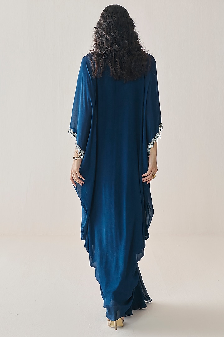 Midnight Blue Chiffon Embellished Draped Kaftan by Seema Thukral at Pernia's Pop Up Shop