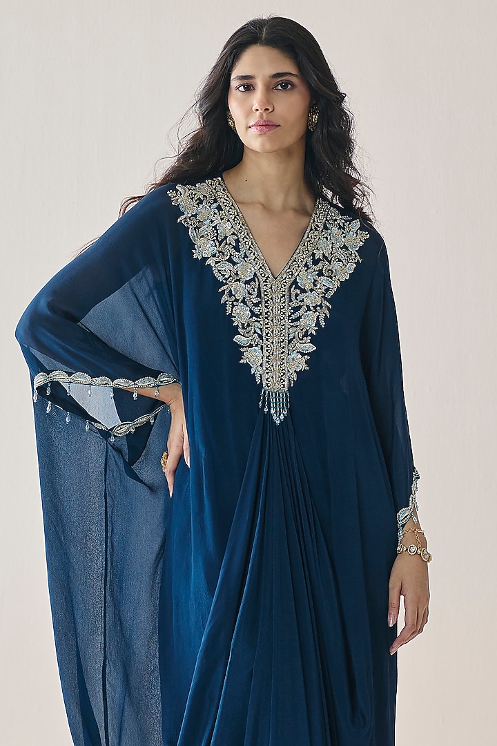 Midnight Blue Chiffon Embellished Draped Kaftan by Seema Thukral at Pernia's Pop Up Shop