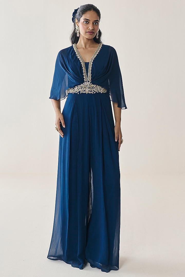 Midnight Blue Georgette Embellished Jumpsuit by Seema Thukral at Pernia's Pop Up Shop