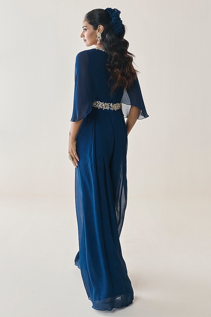 Midnight Blue Georgette Embellished Jumpsuit by Seema Thukral at Pernia's Pop Up Shop