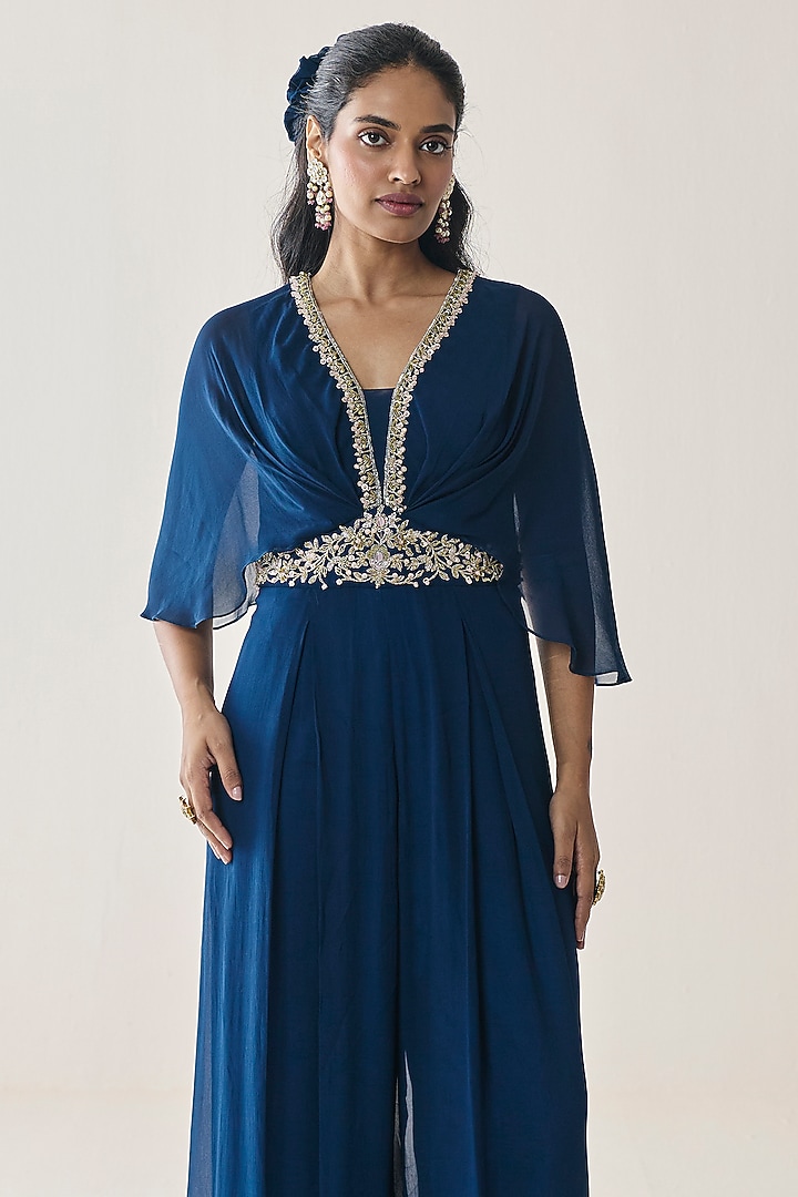 Midnight Blue Georgette Embellished Jumpsuit by Seema Thukral at Pernia's Pop Up Shop