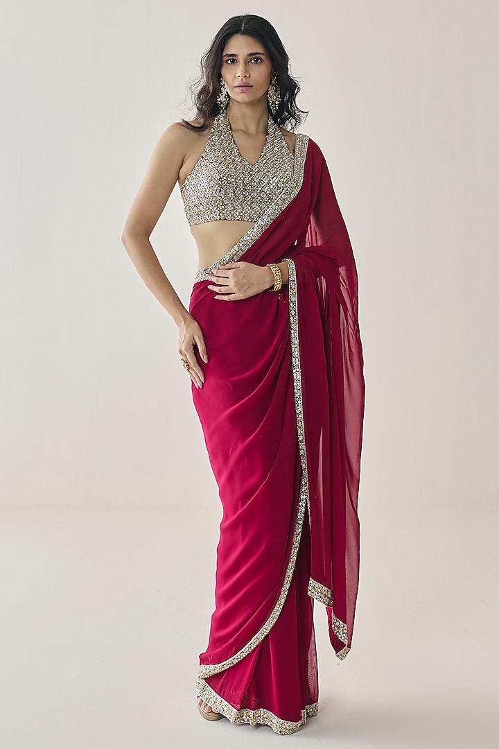 Berry Pink Georgette Pre-Stitched Wedding Saree Set by Seema Thukral at Pernia's Pop Up Shop