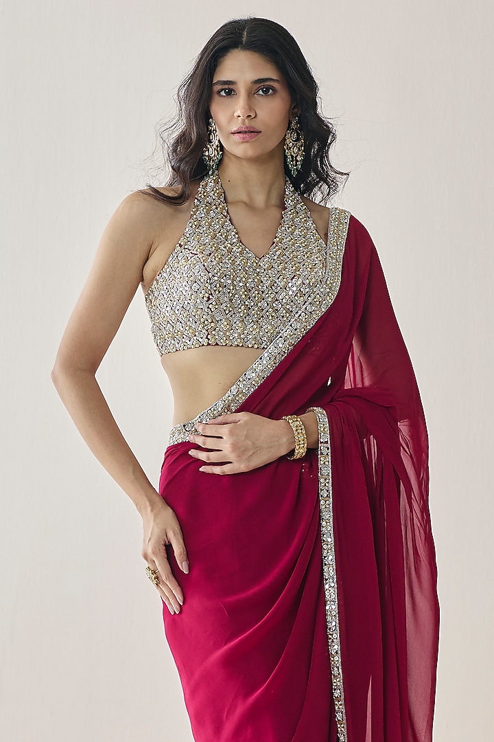 Berry Pink Georgette Pre-Stitched Wedding Saree Set by Seema Thukral at Pernia's Pop Up Shop