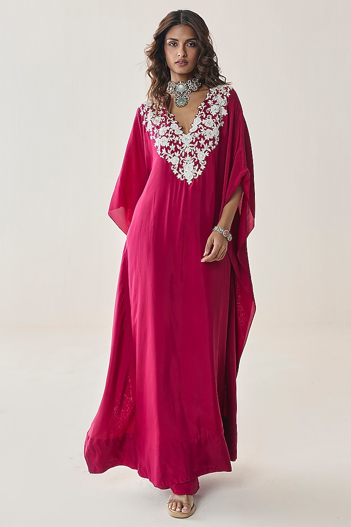 Berry Pink Habutai Silk Embellished Kaftan Set by Seema Thukral at Pernia's Pop Up Shop