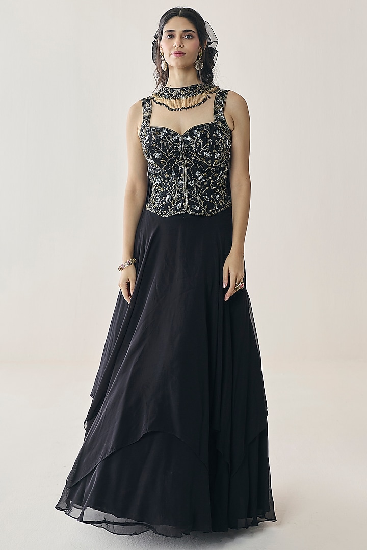 Black Organza Handkerchief Wedding Lehenga Set by Seema Thukral at Pernia's Pop Up Shop
