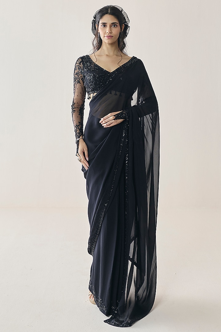 Black Georgette Pre-Stitched Wedding Saree Set by Seema Thukral at Pernia's Pop Up Shop