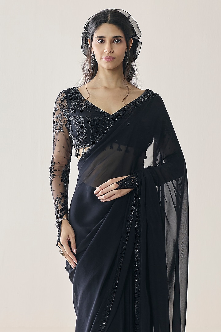 Black Georgette Pre-Stitched Wedding Saree Set by Seema Thukral at Pernia's Pop Up Shop