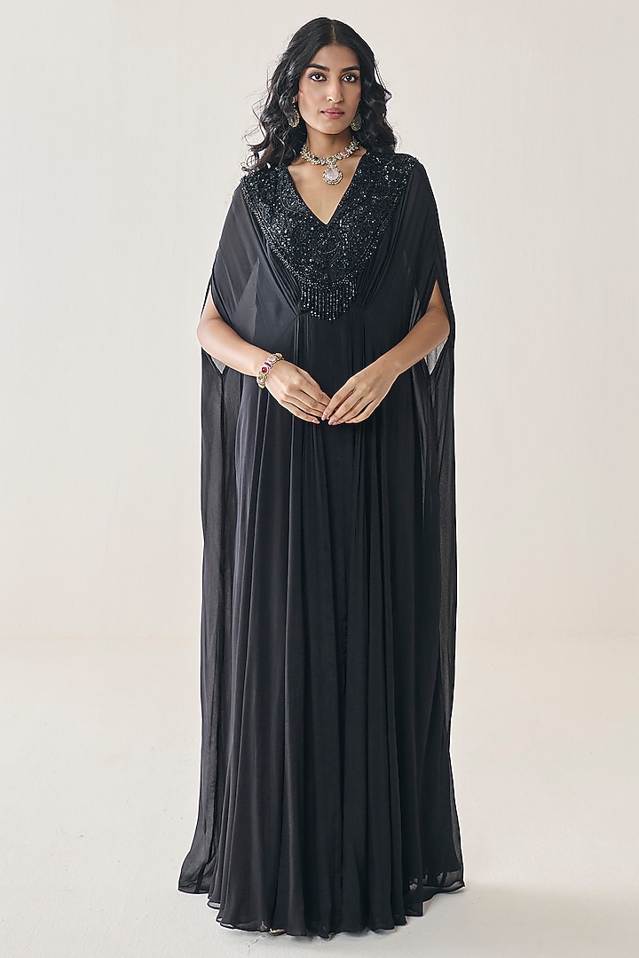 Black Chiffon Embellished Kaftan by Seema Thukral at Pernia's Pop Up Shop