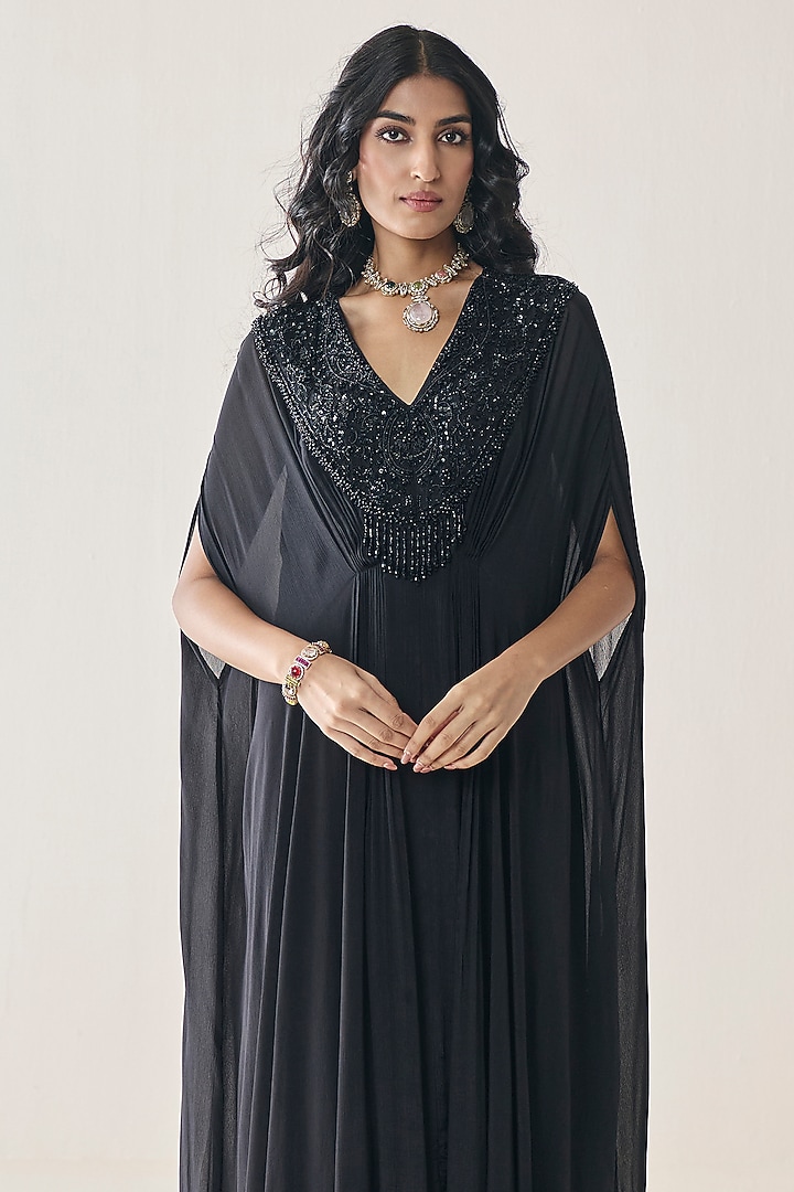 Black Chiffon Embellished Kaftan by Seema Thukral at Pernia's Pop Up Shop