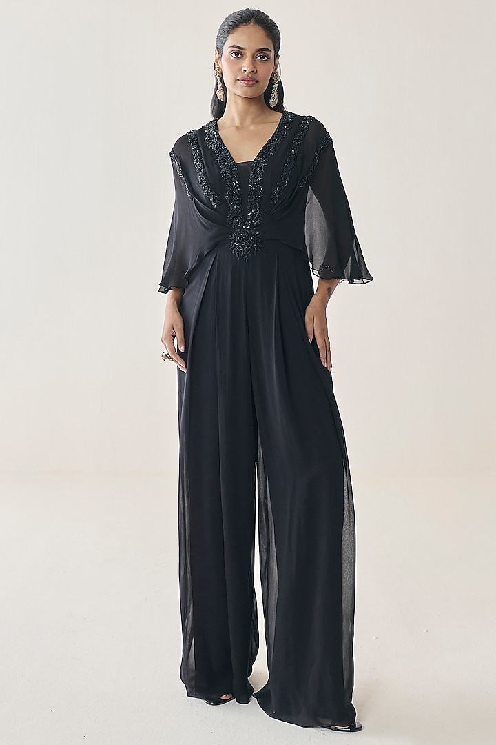 Black Georgette Aari Hand Embellished Pre-Draped Jumpsuit by Seema Thukral at Pernia's Pop Up Shop