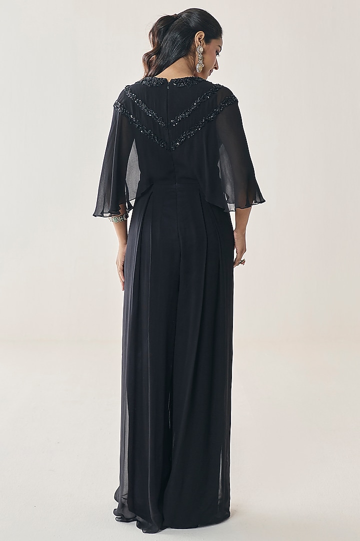 Black Georgette Aari Hand Embellished Pre-Draped Jumpsuit by Seema Thukral at Pernia's Pop Up Shop