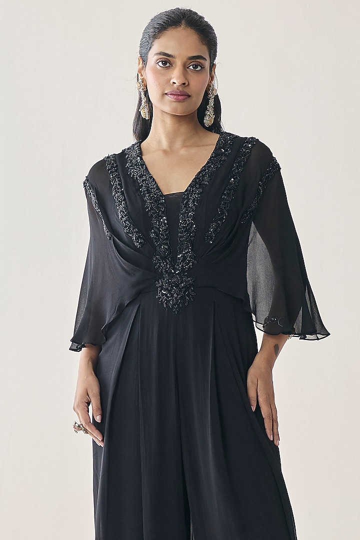 Black Georgette Aari Hand Embellished Pre-Draped Jumpsuit by Seema Thukral at Pernia's Pop Up Shop
