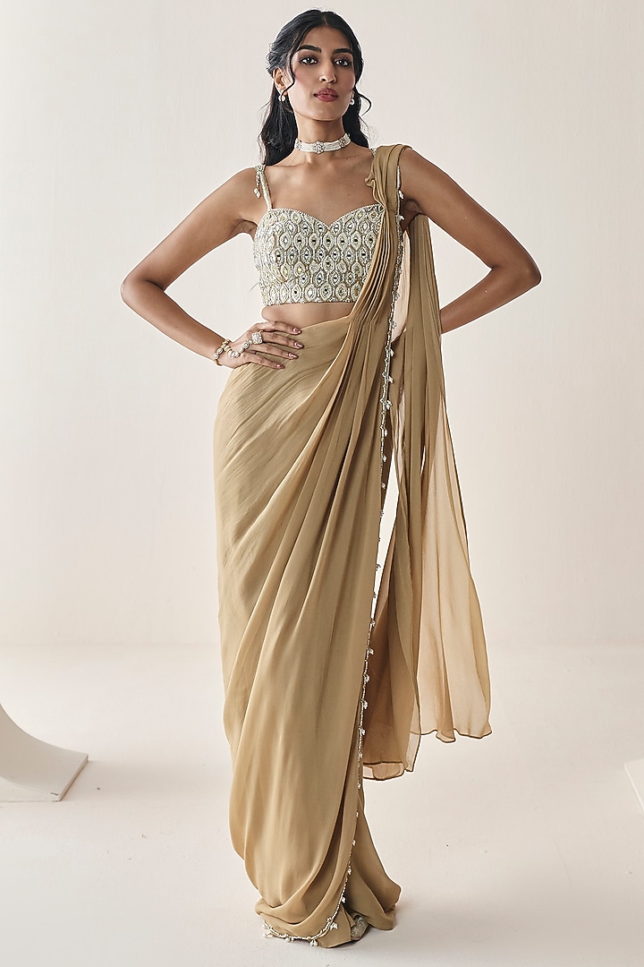 Gold Georgette Aari Hand Embellished Pre-Draped Wedding Saree Set by Seema Thukral at Pernia's Pop Up Shop