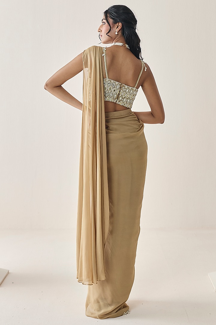 Gold Georgette Aari Hand Embellished Pre-Draped Wedding Saree Set by Seema Thukral at Pernia's Pop Up Shop