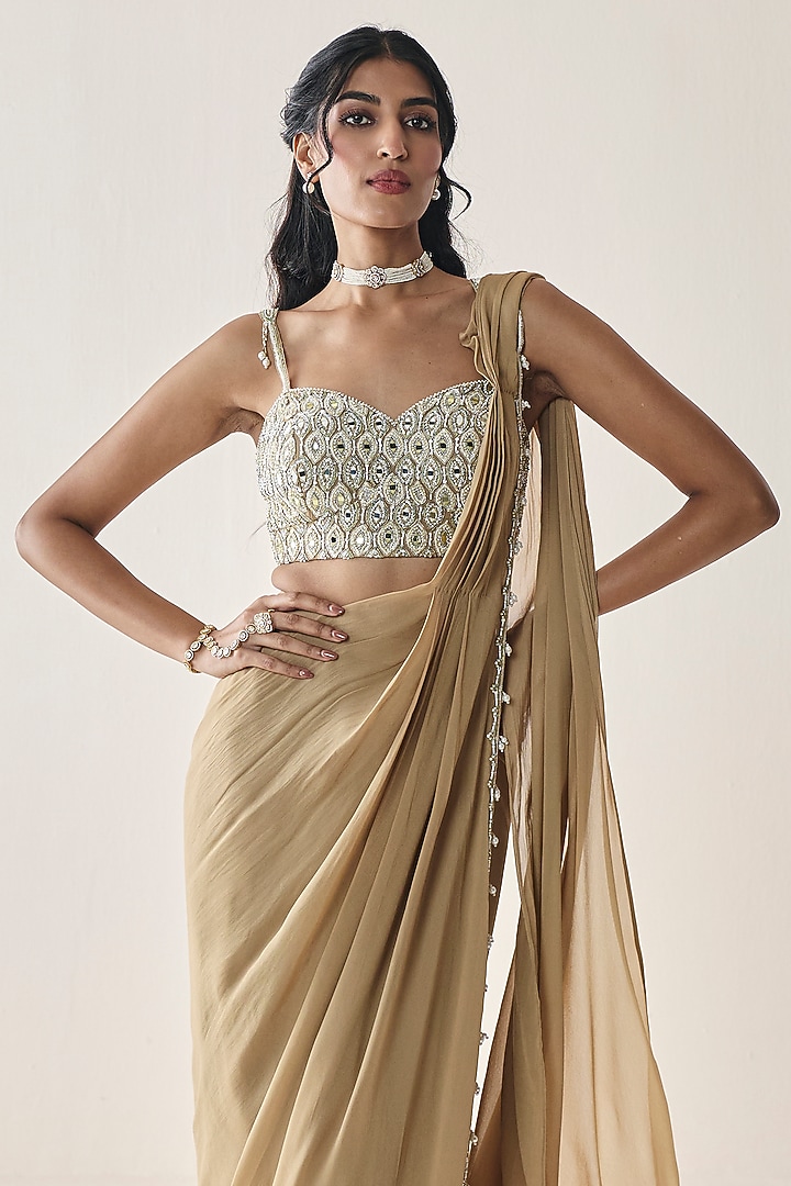 Gold Georgette Aari Hand Embellished Pre-Draped Wedding Saree Set by Seema Thukral at Pernia's Pop Up Shop