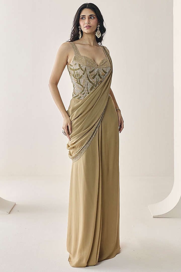 Gold Georgette Aari Hand Embellished Pre-Stitched Wedding Saree Set by Seema Thukral at Pernia's Pop Up Shop