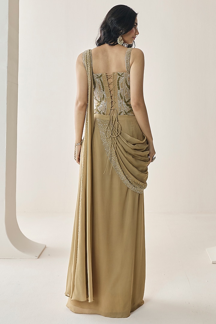 Gold Georgette Aari Hand Embellished Pre-Stitched Wedding Saree Set by Seema Thukral at Pernia's Pop Up Shop