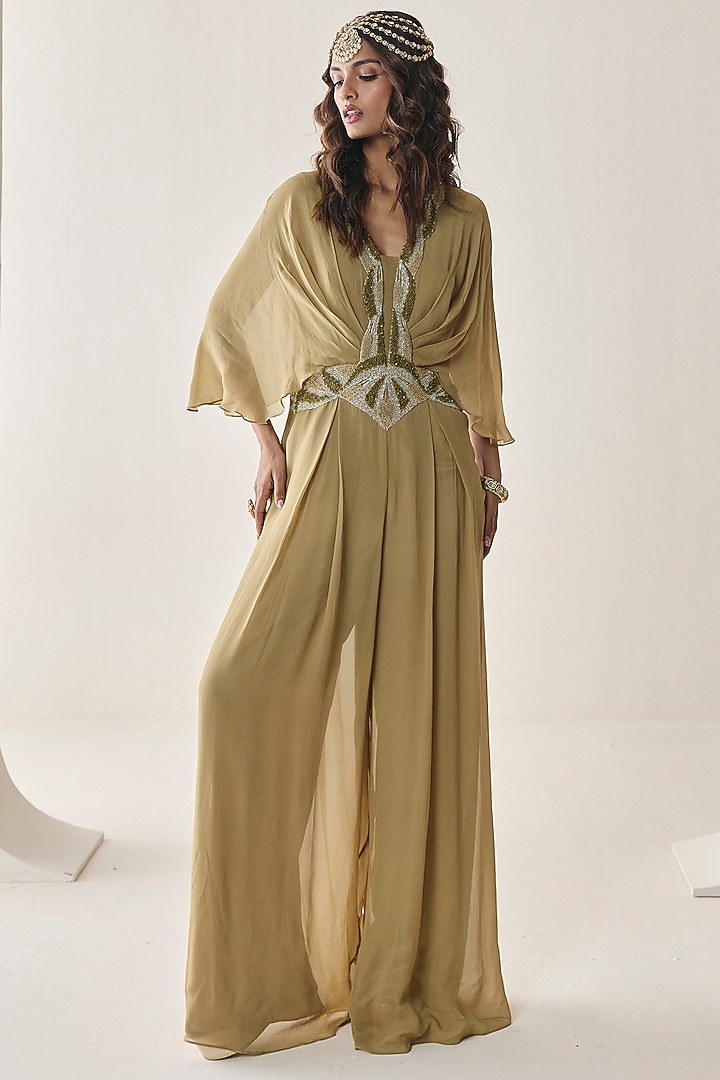 Gold Georgette Aari Hand Embellished Pre-Draped Jumpsuit by Seema Thukral at Pernia's Pop Up Shop