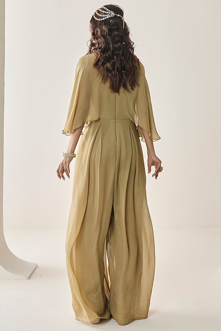 Gold Georgette Aari Hand Embellished Pre-Draped Jumpsuit by Seema Thukral at Pernia's Pop Up Shop