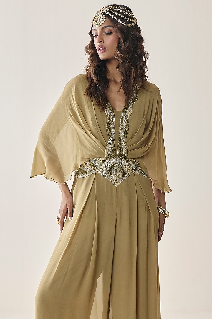 Gold Georgette Aari Hand Embellished Pre-Draped Jumpsuit by Seema Thukral at Pernia's Pop Up Shop