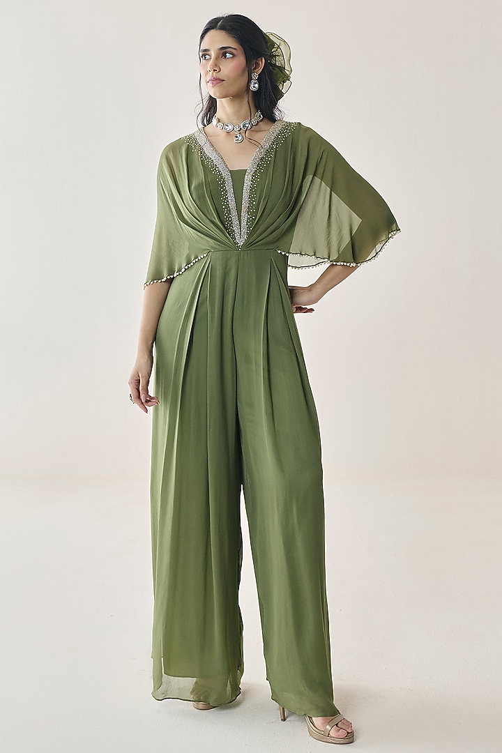 Mehendi Green Georgette Aari Hand Embellished Pre-Draped Jumpsuit by Seema Thukral at Pernia's Pop Up Shop