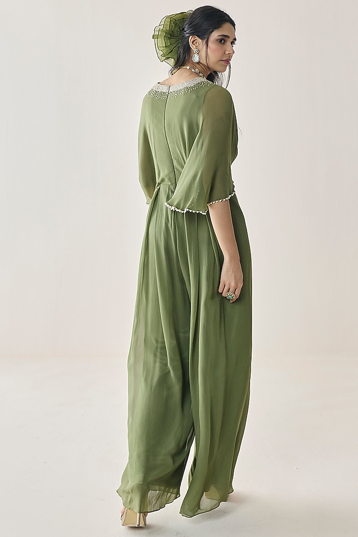 Mehendi Green Georgette Aari Hand Embellished Pre-Draped Jumpsuit by Seema Thukral at Pernia's Pop Up Shop