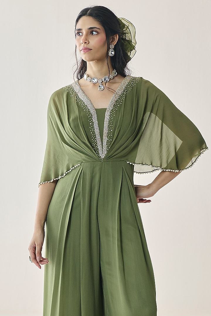Mehendi Green Georgette Aari Hand Embellished Pre-Draped Jumpsuit by Seema Thukral at Pernia's Pop Up Shop
