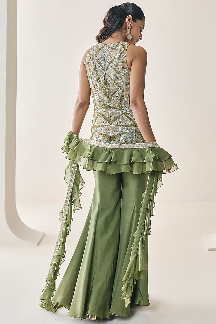 Mehendi Green Georgette Flared Pants Set by Seema Thukral at Pernia's Pop Up Shop