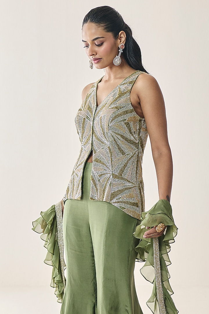 Mehendi Green Georgette Flared Pants Set by Seema Thukral at Pernia's Pop Up Shop