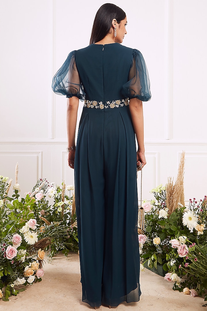 Teal Green Hand Embroidered Jumpsuit by Seema Thukral at Pernia's Pop Up Shop