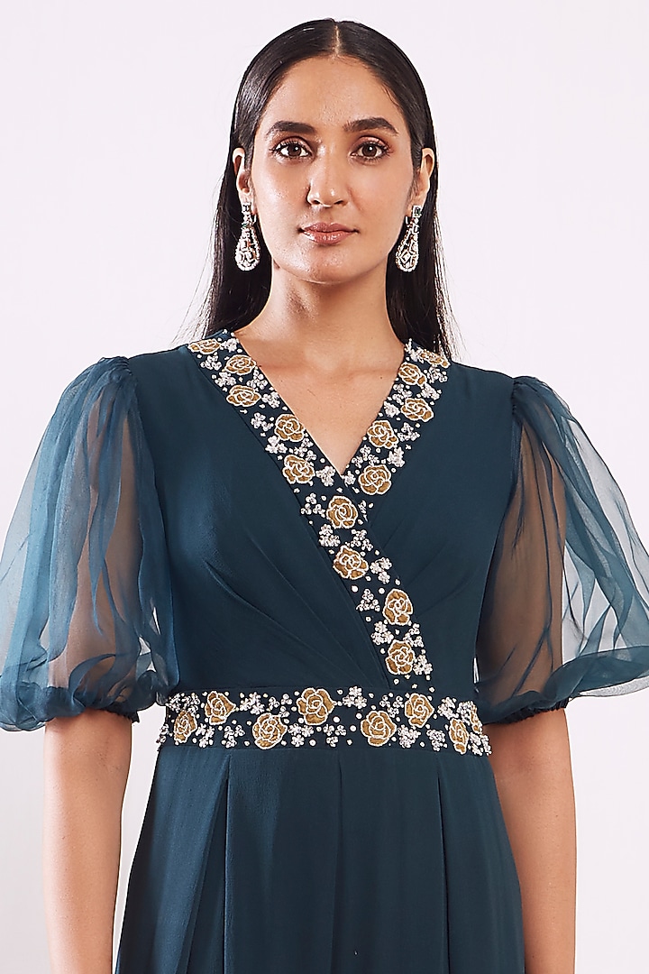 Teal Green Hand Embroidered Jumpsuit by Seema Thukral at Pernia's Pop Up Shop