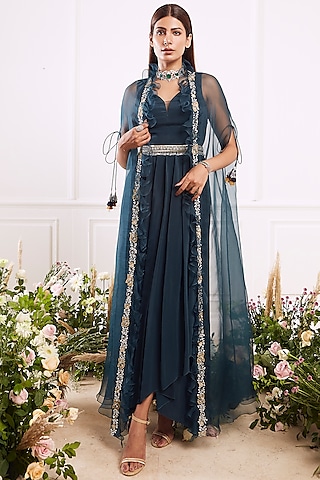 Teal Green Crepe Jacket Dress by Seema Thukral