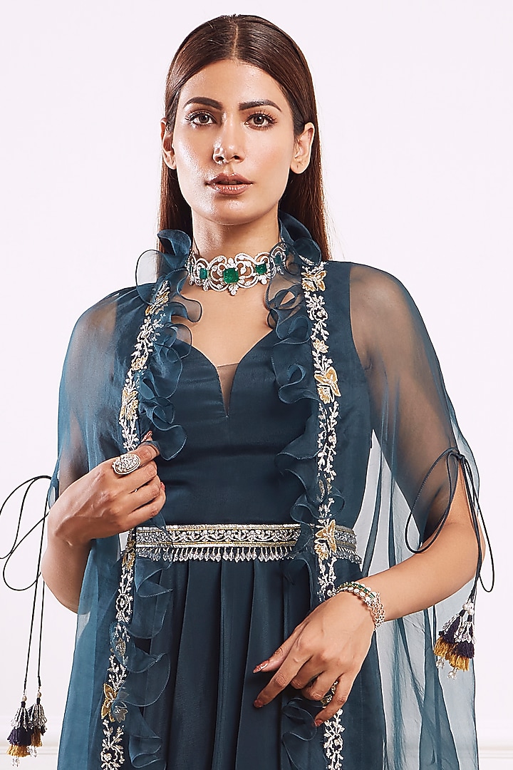 Teal Green Crepe Jacket Cocktail Dress by Seema Thukral at Pernia's Pop Up Shop