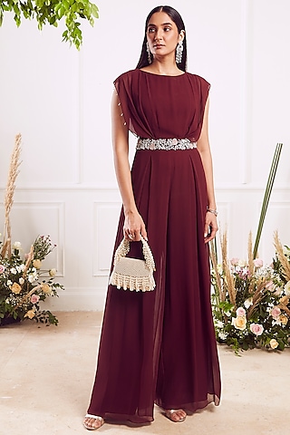Maroon Sequins Hand Embroidered Jumpsuit by Seema Thukral