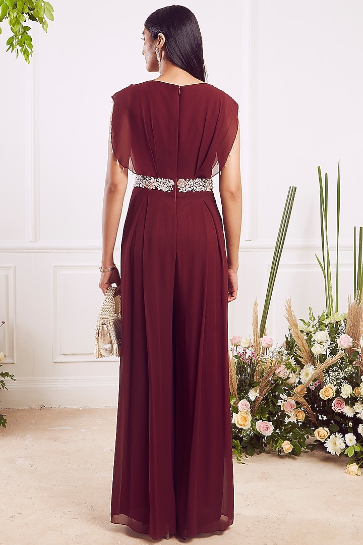 Maroon Sequins Hand Embroidered Jumpsuit by Seema Thukral at Pernia's Pop Up Shop