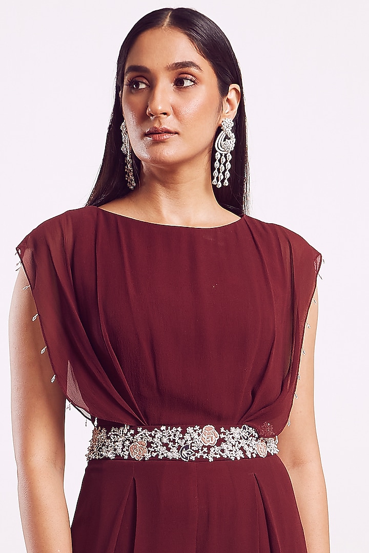 Maroon Sequins Hand Embroidered Jumpsuit by Seema Thukral at Pernia's Pop Up Shop