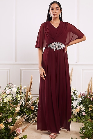 Maroon Crystals Hand Embroidered Jumpsuit by Seema Thukral