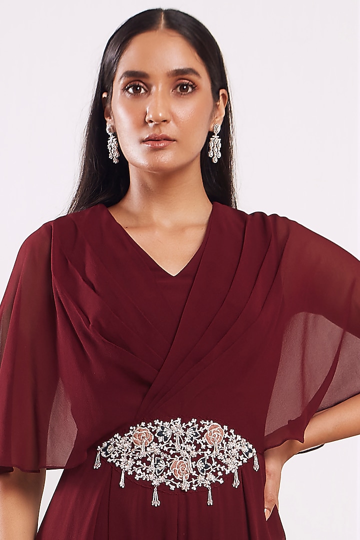 Maroon Crystals Hand Embroidered Jumpsuit by Seema Thukral at Pernia's Pop Up Shop