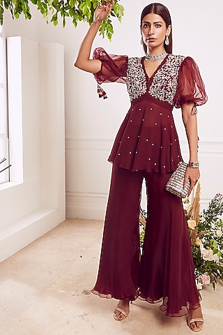 Maroon Organza Flared Sharara Set by Seema Thukral