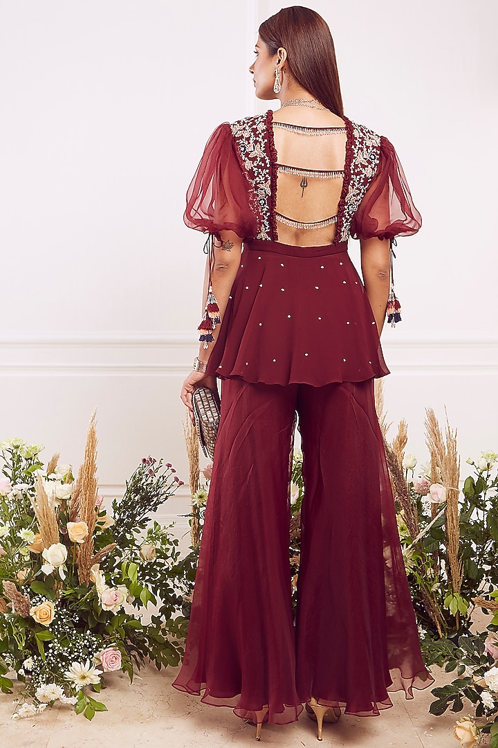 Maroon Organza Flared Wedding Sharara Set by Seema Thukral at Pernia's Pop Up Shop