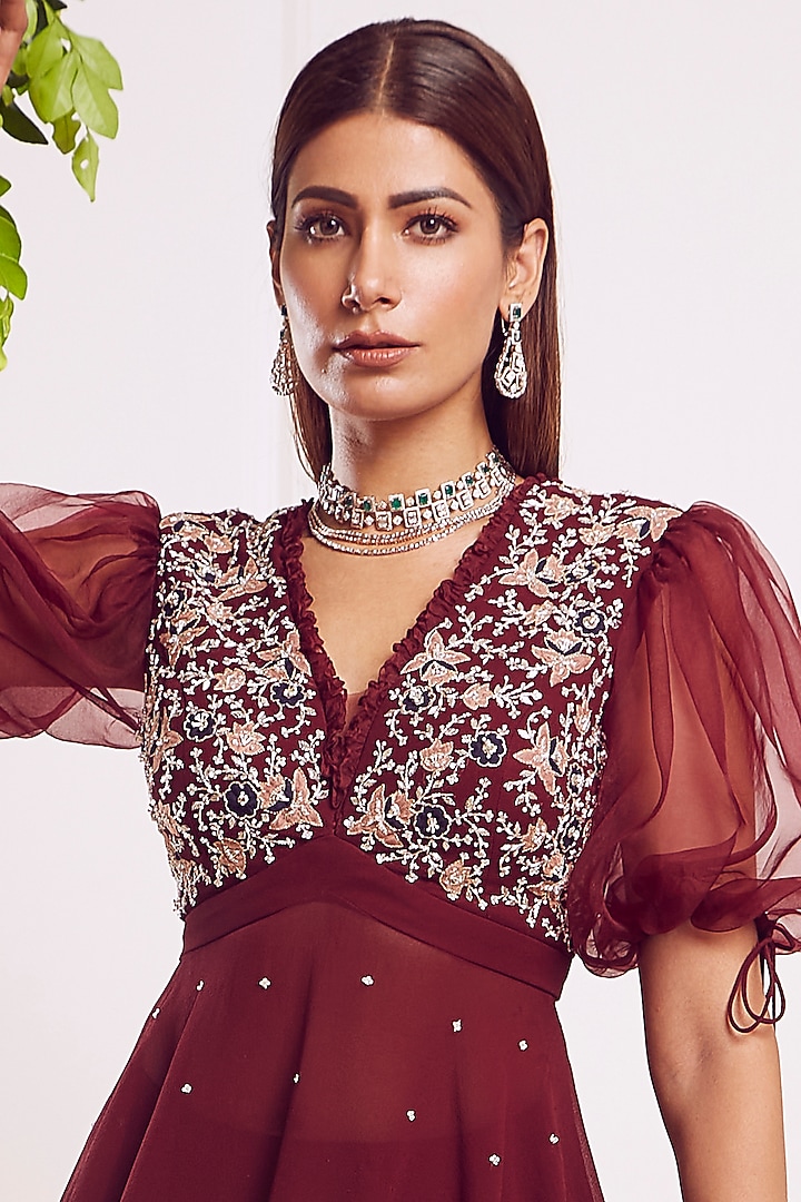 Maroon Organza Flared Wedding Sharara Set by Seema Thukral at Pernia's Pop Up Shop