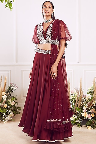 Maroon Cotton Silk Skirt Set by Seema Thukral