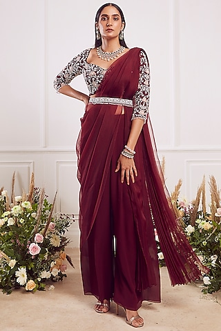 Maroon Georgette Pleated Pant Saree Set by Seema Thukral