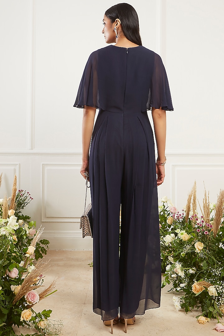 Navy Blue Hand Embroidered Jumpsuit by Seema Thukral at Pernia's Pop Up Shop