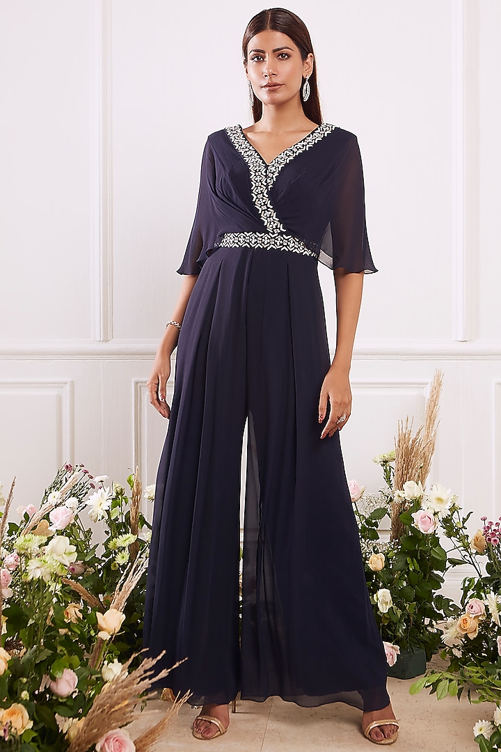 Navy Blue Hand Embroidered Pleated Jumpsuit by Seema Thukral