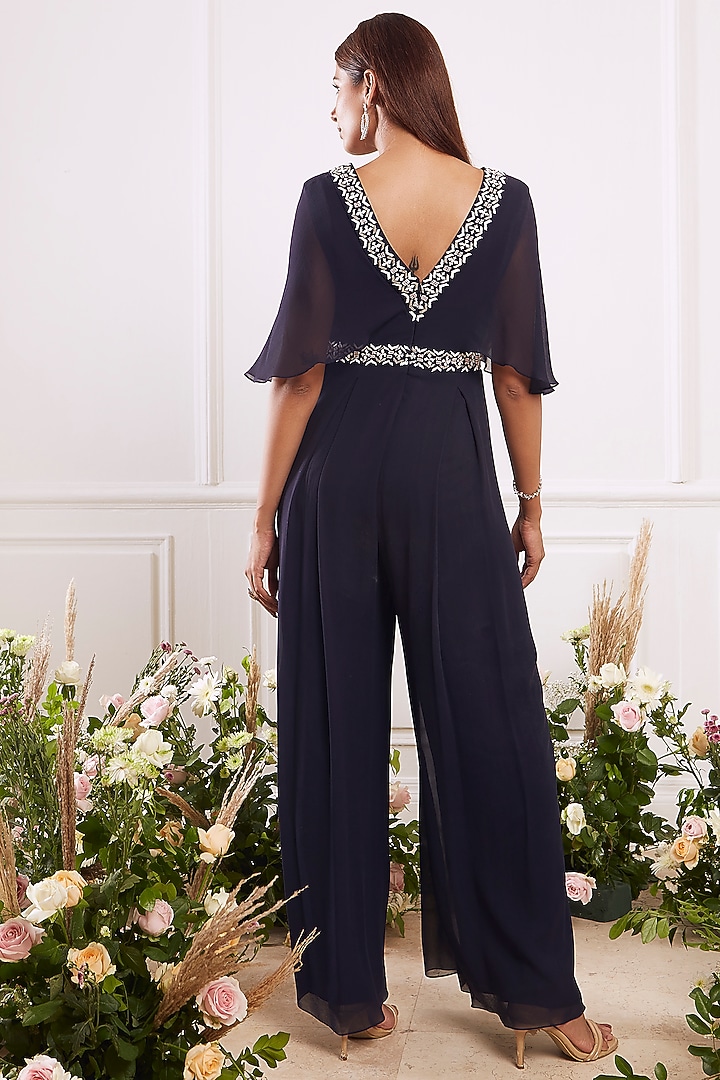 Navy Blue Hand Embroidered Pleated Jumpsuit by Seema Thukral at Pernia's Pop Up Shop