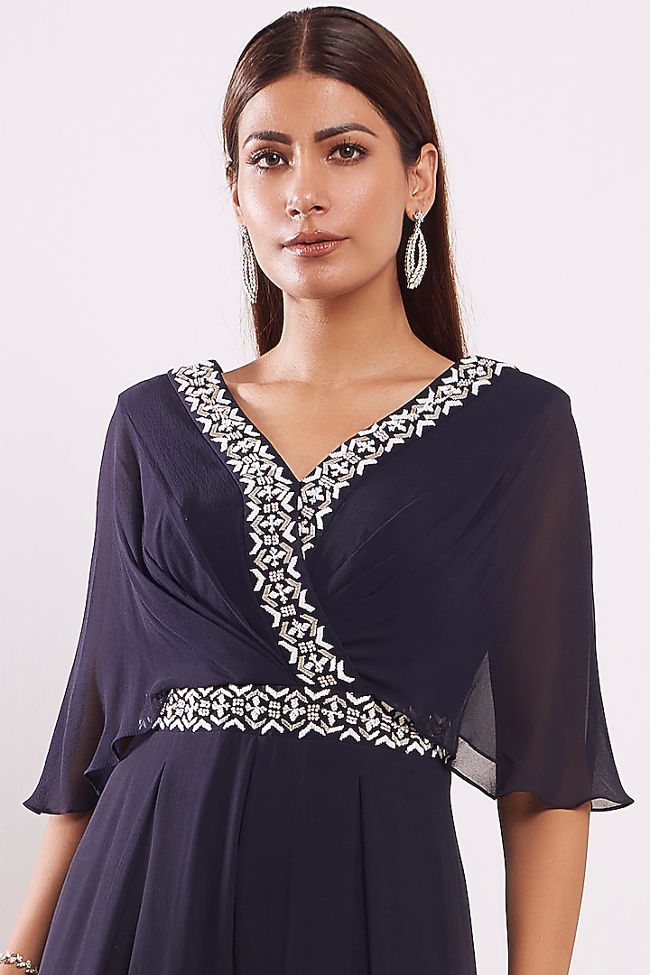 Navy Blue Hand Embroidered Pleated Jumpsuit by Seema Thukral at Pernia's Pop Up Shop