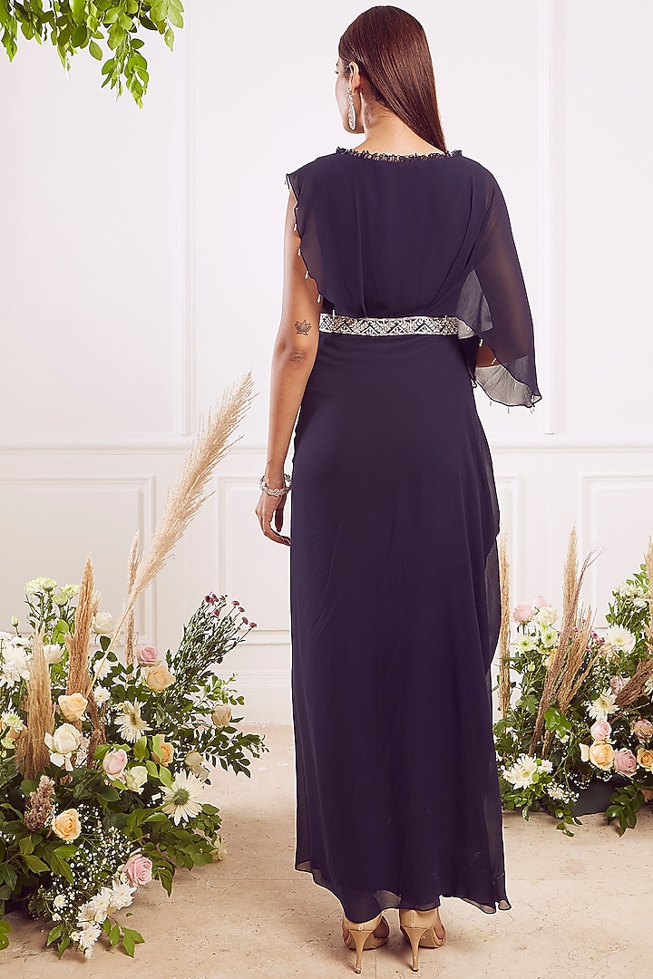 Navy Blue Georgette Draped Vacation Dress by Seema Thukral at Pernia's Pop Up Shop