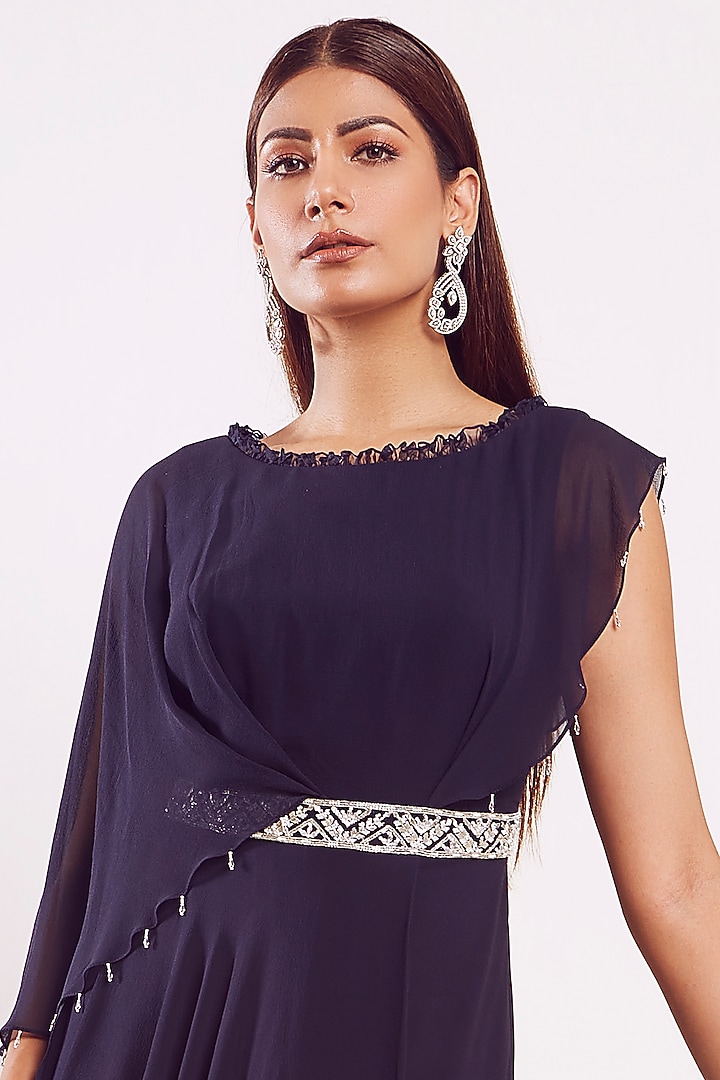 Navy Blue Georgette Draped Vacation Dress by Seema Thukral at Pernia's Pop Up Shop
