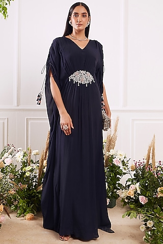 Navy Blue Sequins Hand Embroidered Kaftan by Seema Thukral